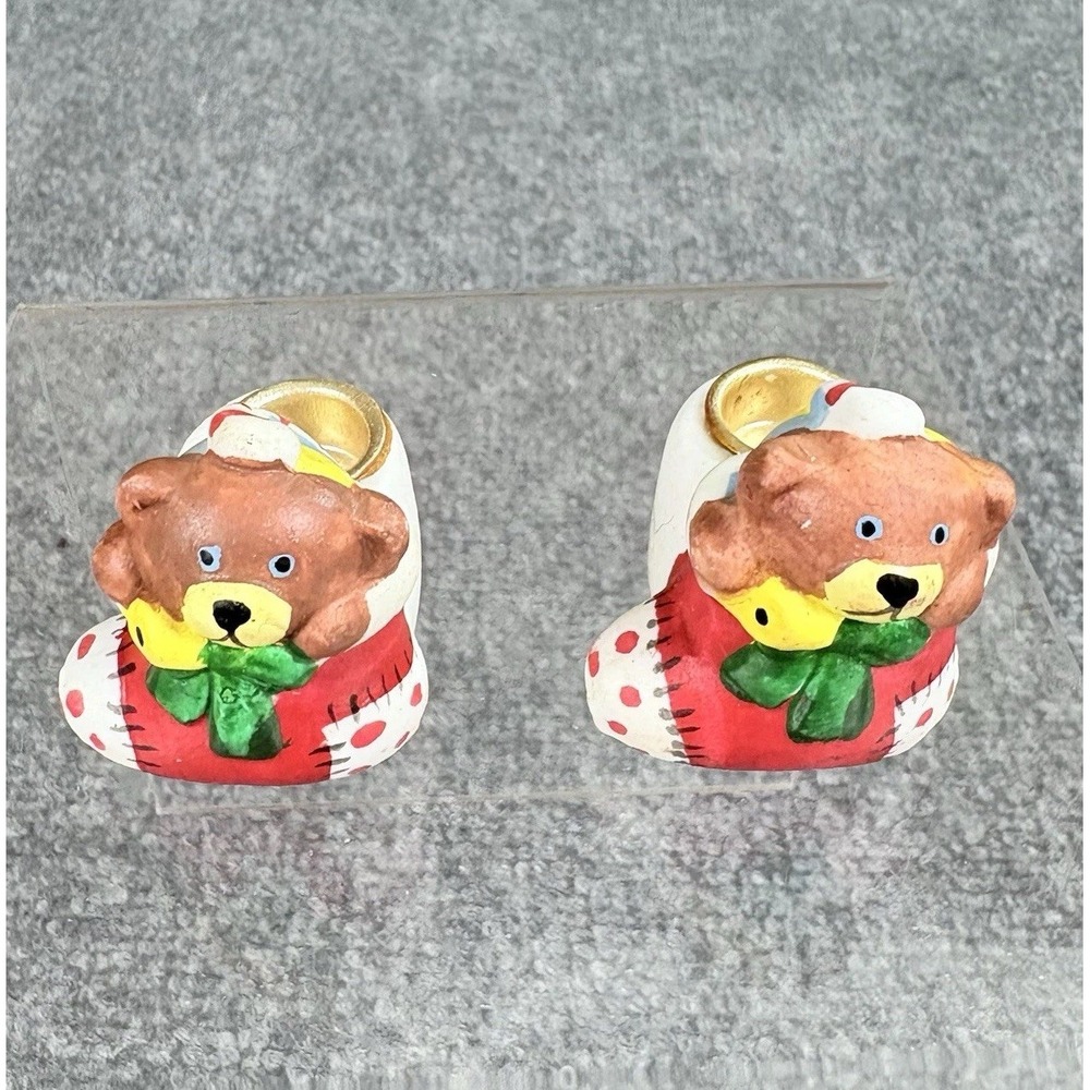 Vintage Teddy Bear Stocking Candle Taper Holders Ceramic Christmas Holiday Decor